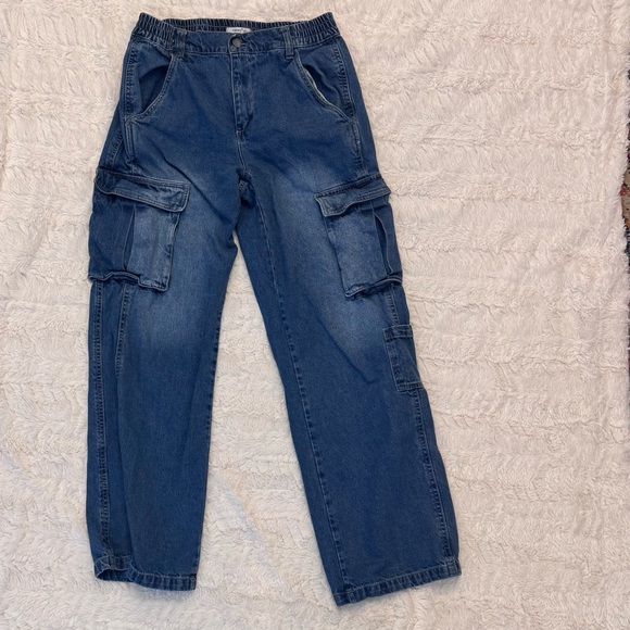 Timing Denim - Timing Blue Cargo jeans baggy relaxed fit size large stretch waist high waisted